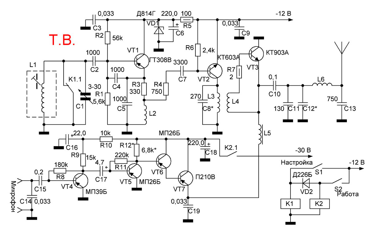 Схема AM передатчика на транзисторах КТ3102 (500 - 1500 кГц)