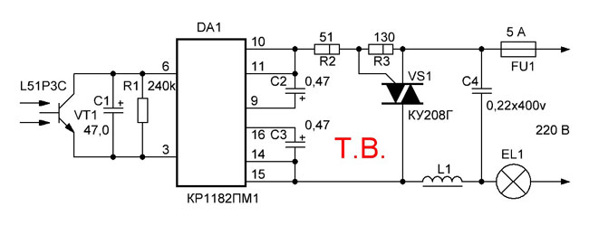 Схема регулятора мощности лампы накаливания и тена (КР1182ПМ1, КУ208Б)