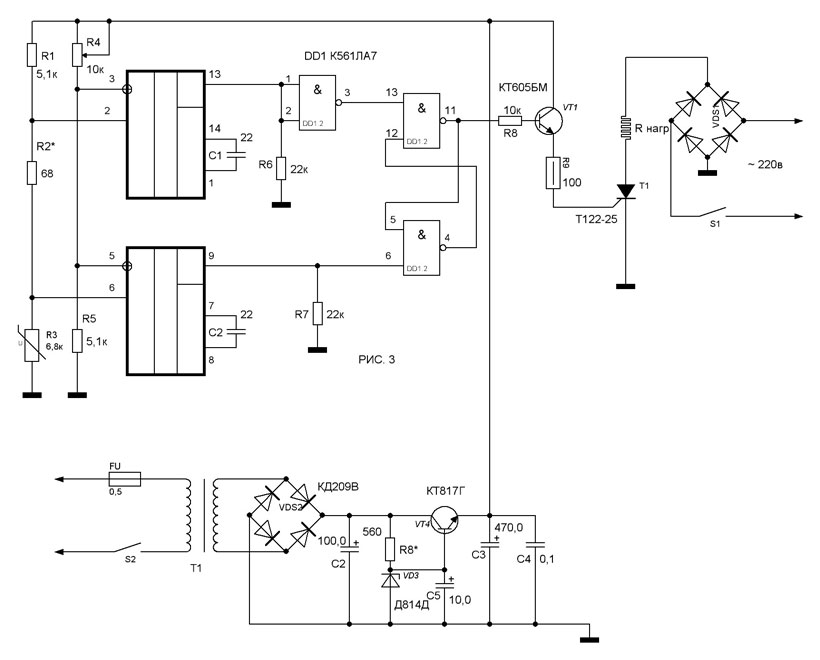 Схема терморегулятора для управления мощными нагревателями