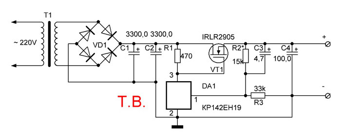 Стабилизатор напряжения на мощном полевом транзисторе IRLR2905 (13В)