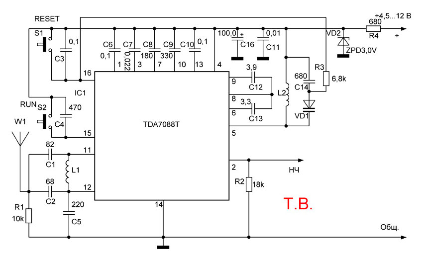 Схема УКВ ЧМ (FM) приемника с сенсорным управлением (TDAT, TDA)